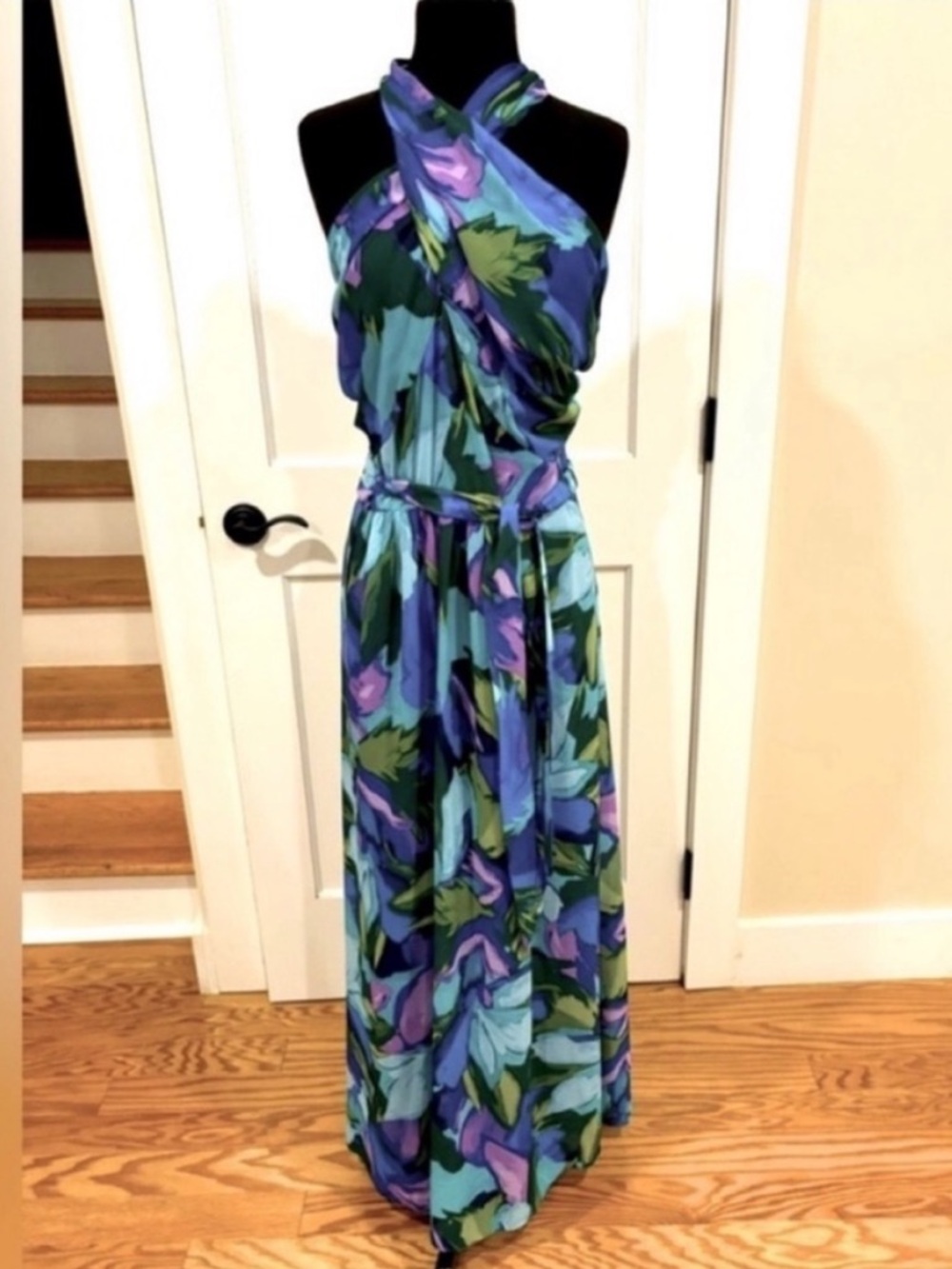 London Times NEW Halter Style Maxi Dress Gown Floral Womens 16 Blue Purple Green